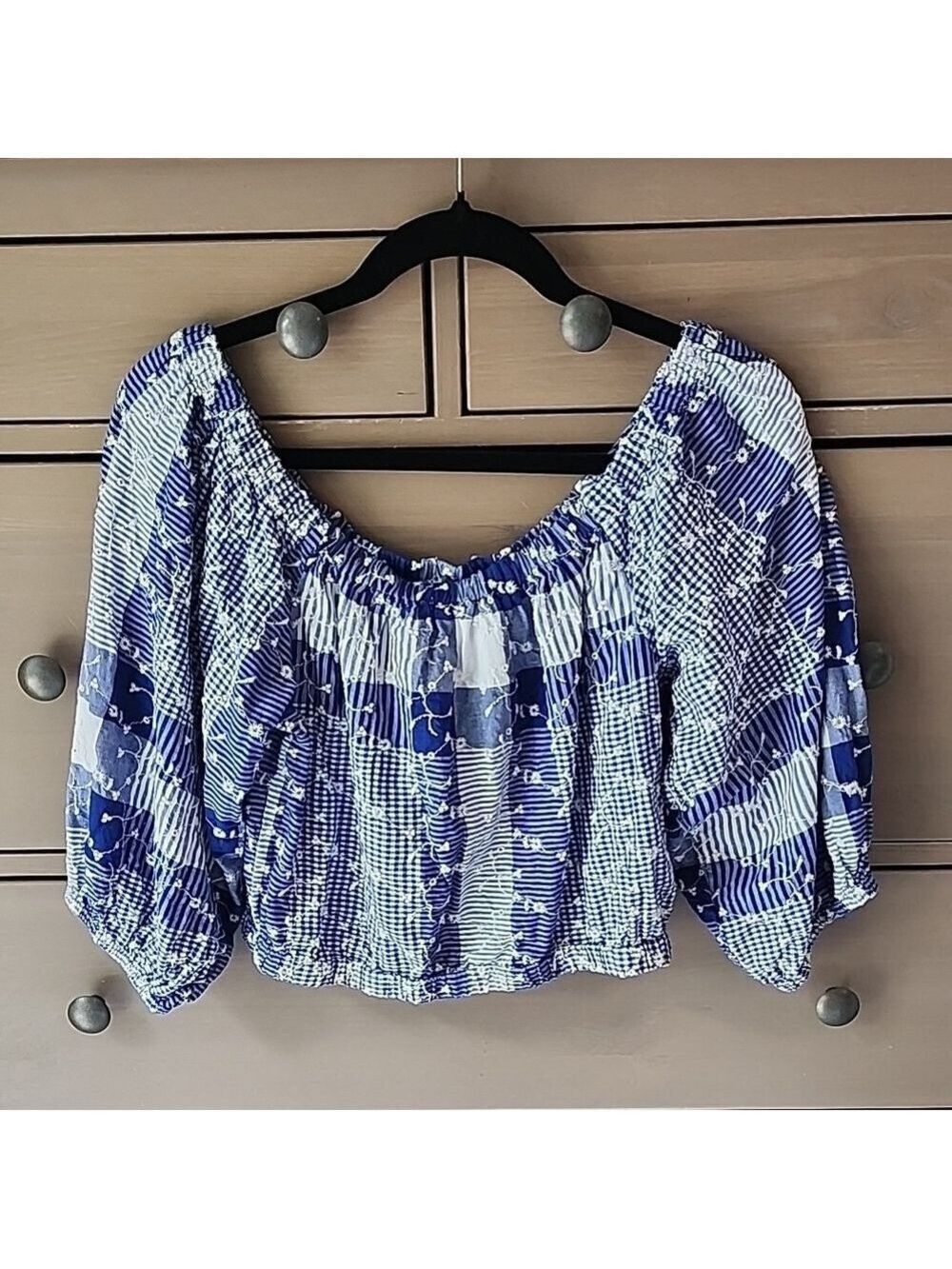 Forever 21 Blue And White Off Shoulder Cropped Top With Puff Sleeve